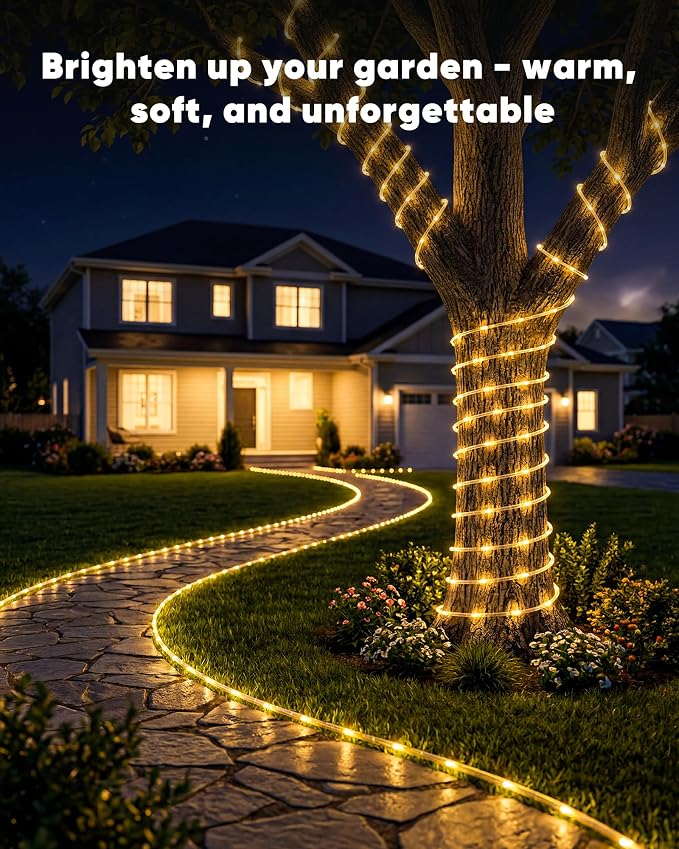 Brightown 39FT 100LED Solar Rope Lights Outdoor Waterproof, Warm White | IP65 Solar Powered Fairy Lights with 8 Lighting Modes, Outdoor String Lights for Party Garden Yard Holiday Tree Decoration