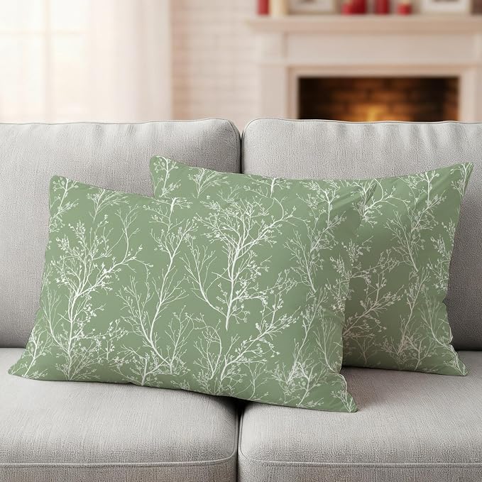 Sage Green Branches Waterproof Outdoor Pillow Covers Set of 2 Home Decor, Abstract Art Leaves Plant Lumbar Pillowcase Patio Pillow Covers for Couch Bench Patio Furniture Garden 20x12in
