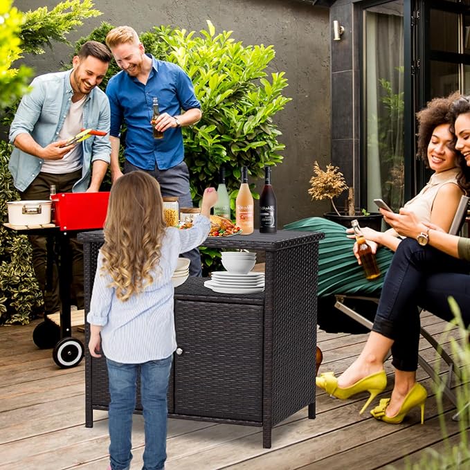 Wicker Outdoor Bar Table with Aluminum Tabletop - Outdoor Storage Cabinet Weather-Proof Rattan Bar Counter Table with Two Doors for Outdoor Cushions, Pool Toys and Garden Tools
