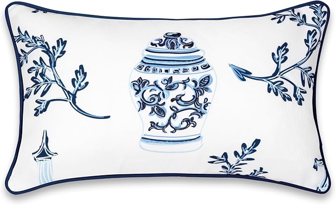 Hofdeco Premium Coastal Patio Indoor Outdoor Lumbar Pillow Cover Only, 12"x20" Water Repellent for Backyard, Couch, Navy Blue Chinoiserie with Piping