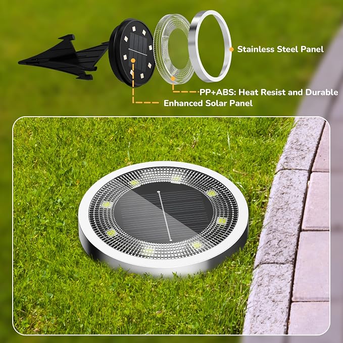 INCX 24Pack Solar Ground Lights Outdoor, 8 LED, IP65 Waterproof, Cold White | 600mAh Ni-MH battery, 8-10h runtime, stainless steel, ABS and PP body, solar garden lights for pathways, lawns and driveways