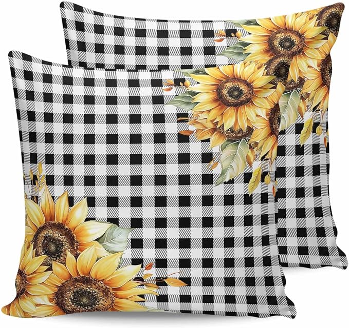 Sunflower Outdoor Waterproof Throw Pillow Covers 18"x18" Set of 2, Buffalo Check Plaid Sunflower Decorative Garden Pillowcase with Zipper Retro Farmhouse Cushion Case for Patio Couch Tent