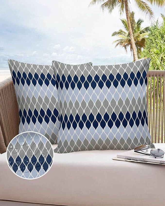 Outdoor Pillows 18x18 Waterproof Outdoor Pillow Covers, Geometic Mid Century Geo Polyester Throw Pillow Covers Garden Cushion Decorative Case for Patio Couch Decoration Set of 2, Navy Blue Grey
