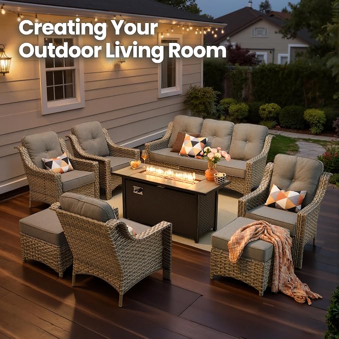 8 Piece Patio Furniture Set with Fire Pit Table, All Weather Wicker High Back Sofa Chairs Ottoman with Thick Cushion, Outdoor Conversation Sets for Large Backyard Deck Garden, Dark Gray