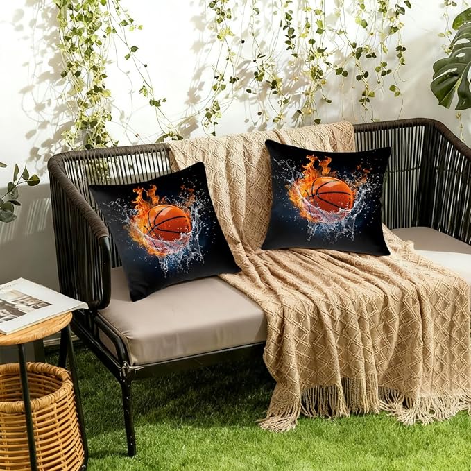 20x20 Inch Outdoor Pillow Covers Set of 2 Waterproof Throw Pillow Covers Decorative Couch Cushion Covers Basketball in Fire Square Pillowcases Protectors for Patio Garden Sofa