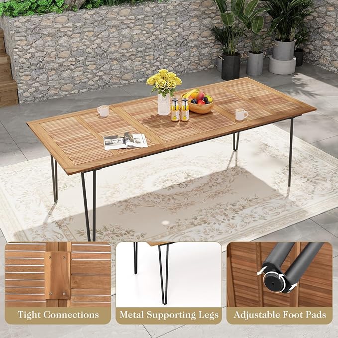 Tangkula 86.5" Large Patio Dining Table for 8, Acacia Wood 8-Person Dining Table with 2" Umbrella Hole & Metal Legs & Adjustable Foot Pads, Rectangular Outside Table for Garden, Poolside & Backyard