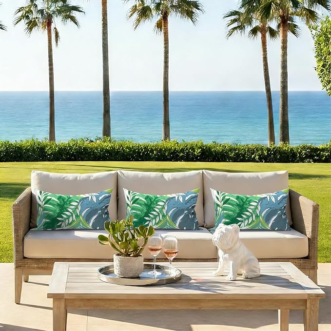 Pack of 2 Outdoor Lumbar Pillow Covers, All Weather Cushion Pillow Cases 12x20 Inch, Pillowcase for Patio Couch Decoration, Islamorada Blue Green