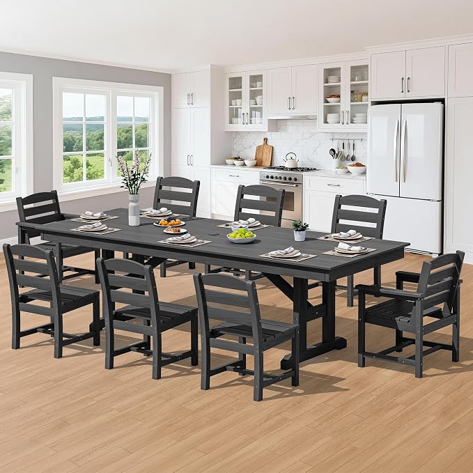 SERWALL 9 Piece Outdoor Dining Set, 84" HDPE Outdoor Table with 6 Armless Chairs and 2 Armchairs ,All Weather Patio Dining Furniture Set with Umbrella Hole for Backyard, Garden, Black