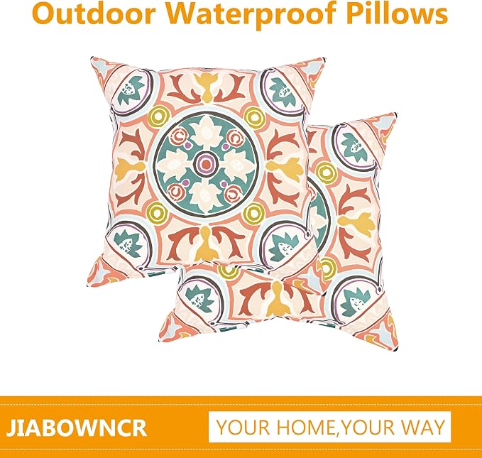 18" Outdoor Throw Pillows Set of 4, Waterproof & Fade Resistant Patio Furniture Pillows with Built-in Inserts, All-in-One Orange Boho Design for Sofa, Patio or Backyard Relaxation