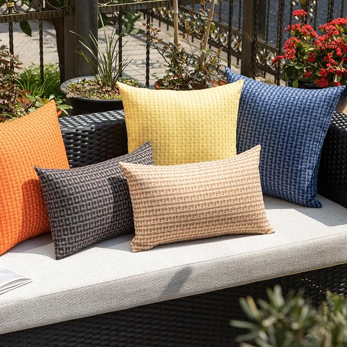 Kevin Textile Outdoor Waterproof 18"x18" Pillow Covers 2 Pack, Yellow | Water Resistant Weaving Faux Linen Texture Throw Pillow Covers, Outside Decorative Pillowcases for Garden Patio Balcony Couch