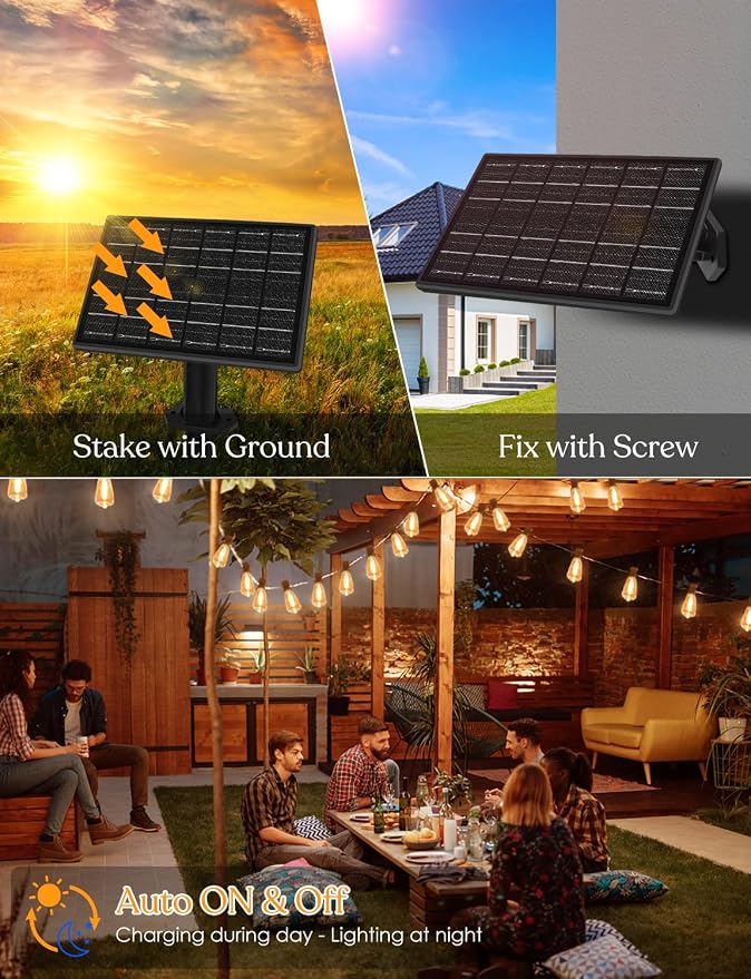 50ft Solar Outdoor String Lights with Remote - USB Rechargeable Solar Powered Outdoor Patio Lights, Larger 1.5W Solar Panel, Timer, Dimmable Shatterproof ST38 Bulbs for Backyard, Garden, Pool