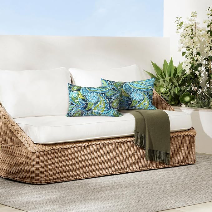 DYTXIII Pack of 2 Outdoor Waterproof Lumbar Pillow Covers ONLY, 12x20 Rectangle Decorative Double Printed Pillow Cases for Patio Couch Porch Furniture - Paisley Lapis Green