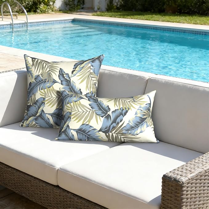 Outdoor Lumbar Pillows with Insert 12x20 Inch, Waterproof Throw Pillow for Patio Furniture, Decorative Lumbar Cushions for Garden Home Sofa Office Chair, Set of 2, Lush Palm Blue