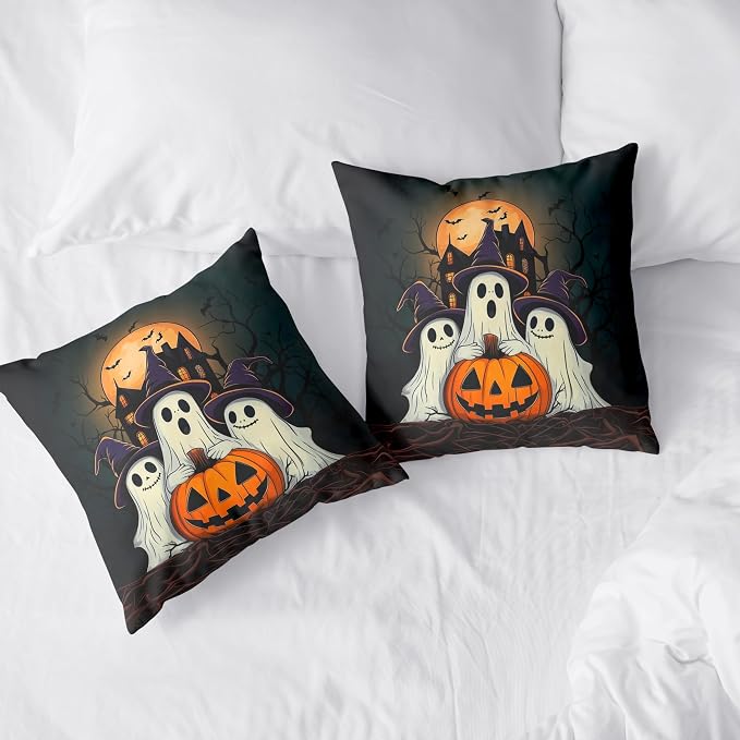 Set of 2 Halloween Pillow Covers 20x20 Ghost Throw Pillow Covers Full Moon Night Castle Bat Pillow Case Jack-O-Lantern Cushion Case for Holiday Party Decor Couch Sofa
