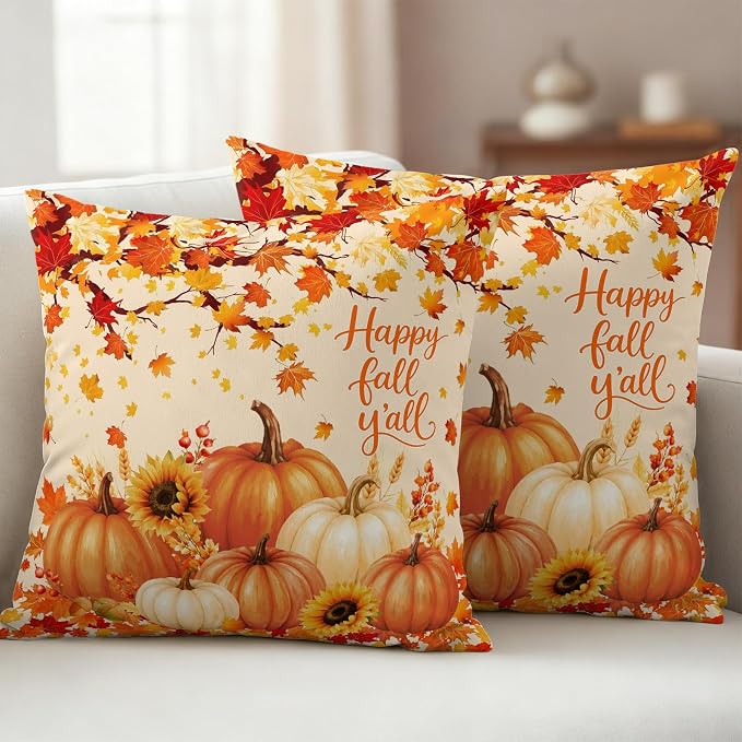 Orange Fall Waterproof Outdoor Pillow Covers 26''x26'' Set of 2, Maple Tree Branch Thanksgiving Pumpkin Patio Cushion Covers for Chairs,Decorative Countryside Leaves Pillow Cases for Garden/Pool/Beach