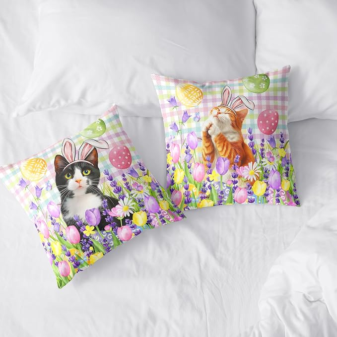 Spring Easter Pillow Covers 22x22 Set of 2 Lovely Cow Cat and Ginger Cat Wearing Bunny Ears Throw Pillow Covers Tulip Floral Pillow Case for Easter Decoration Sofa Patio Garden