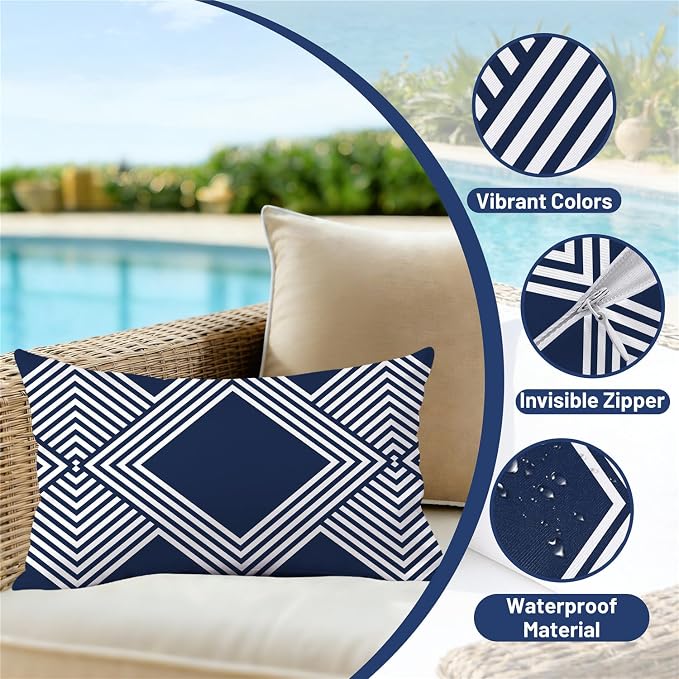 NIGHTWISH Outdoor Waterproof Pillow Covers 12x20 Set of 4 Navy Blue and White Modern Geometry Decorative Outdoor Throw Pillows Boho Cushion Cases for Patio Furniture Bench Couch Sunbrella