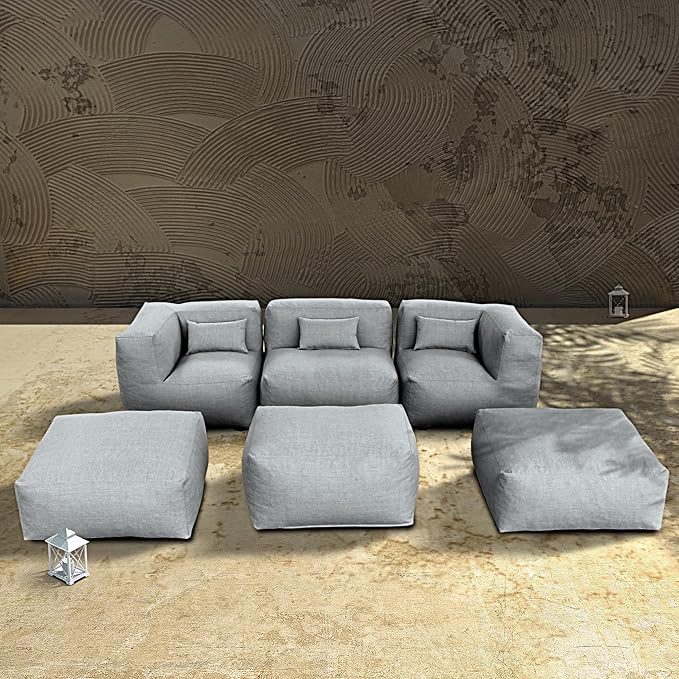 Patio Furniture Set Bean Bag 6 Pieces Outdoor Chairs Sectional Conversation Patio Set Daybed Furniture Outdoor Sofa Couch High Density Foam Filling Modern Comfy Patio Couch, Dark Gray