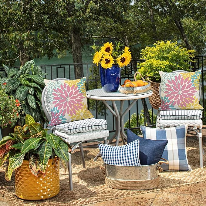DFXSZ Outdoor Waterproof Pillow Covers 18x18 Set of 2 Pink Yellow Flower | Spring Summer Waterproof Flower Throw Pillowcases(No Inserts)Decor for Valentines Patio Funiture Garden Polyester Covers