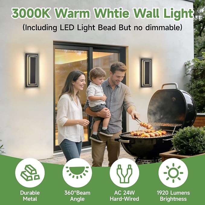 Outdoor Front Porch Light Fixtures,Outdoor Wall Sconce 15.7 in,24W | 2-Tier Black Modern LED Exterior Lights Outside Wall Lights For House,Garage, Patio,Waterproof ,3000K Warm White, 1 Pack