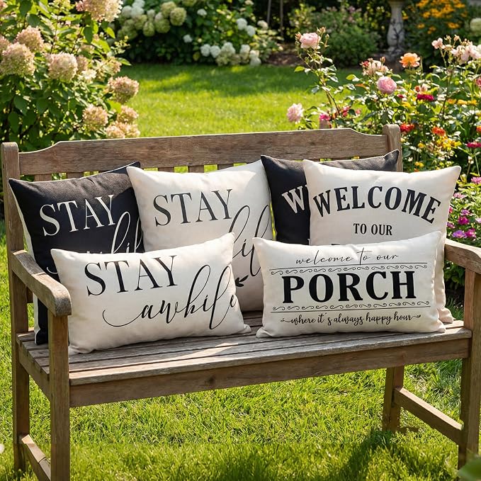 Front Porch Decor Pillows Outdoor Lumbar Pillow Covers Waterproof 12x20 | Set of 2, No Inserts, Minimalist Neutral Home Decor, Patio Pillows Outdoor Waterproof, Weather Resistant Outdoor Pillows
