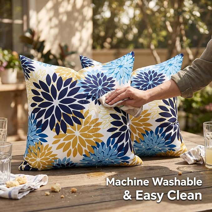 Outdoor Pillows Waterproof Throw Pillow Covers Set of 2 Dahlia Flowers Cushion Covers 18×18 Inch Blue and Yellow Decorative Square Pillow Case for Tent Sunbrella Garden Bench Living Room Sofa