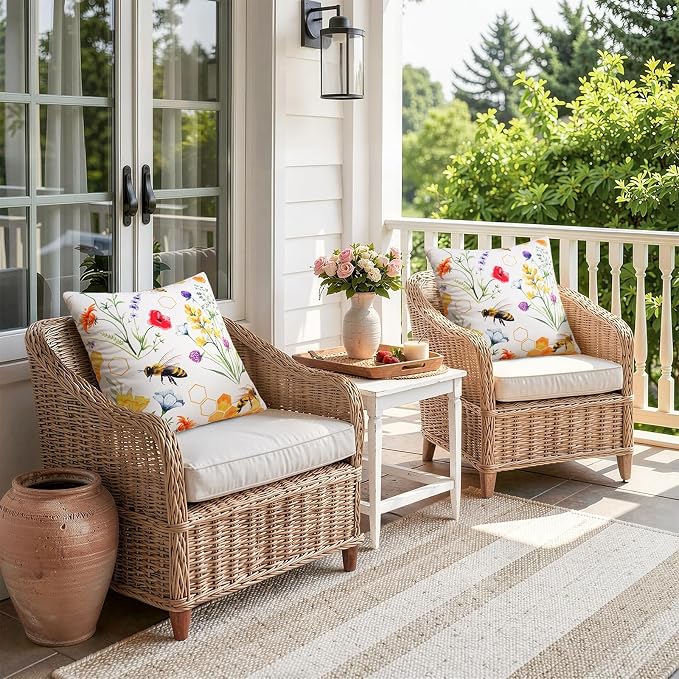 Merrycolor Pack of 2 Outdoor Waterproof Throw Pillow Covers 18x18 Summer Yellow Floral Decorative Square Pillowcase Outdoor Pillow Covers for Patio Furniture Garden