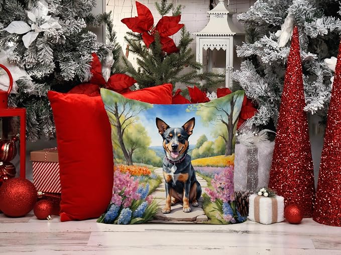 Caroline's Treasures Australian Cattle Dog Spring Garden Throw Pillow Machine Washable, Indoor Outdoor Decorative Pillow for Couch, Bed or Patio, 14Hx14W