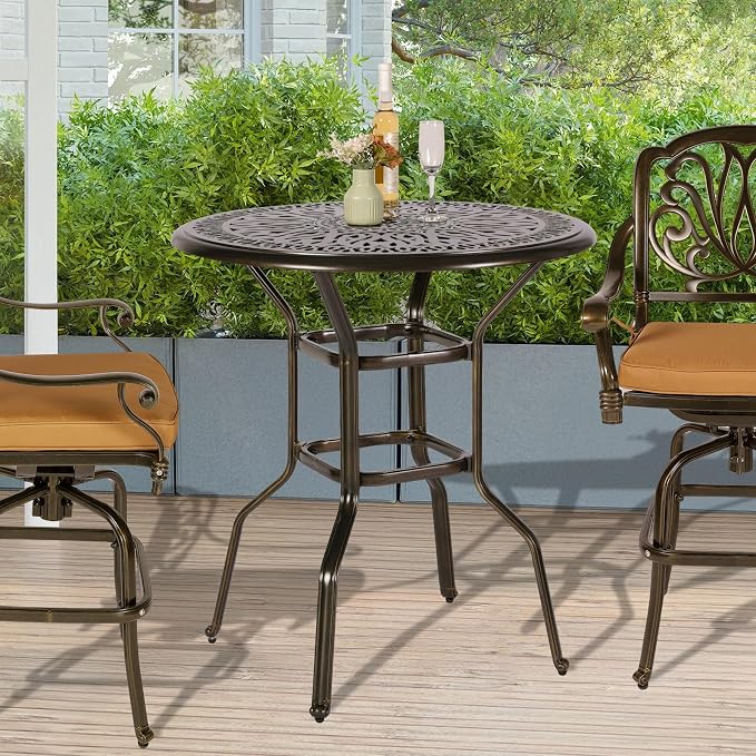 Outdoor Cast Aluminum Bar Table, 35.4" Patio Bar Height Table with 2" Umbrella Hole, All Weather High Top Bistro Round Dining Table for Outside Deck Porch Balcony Poolside, Dark Bronze