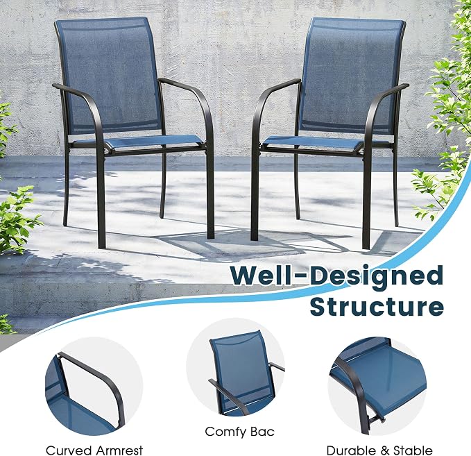 9 Pieces Patio Dining Set, 53" Round Dining Table with Umbrella Hole, 8 Stackable Textilene Fabric Chairs, Metal Structure for Patio, Porch, Garden(Black Table, Blue Chair)