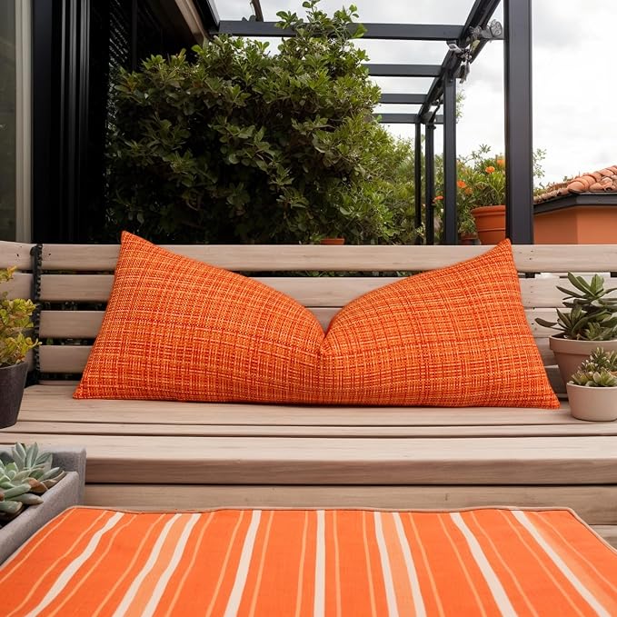 Kevin Textile Outdoor Waterproof 14"x36" Lumbar Pillow Cover 1 Pack Orange | Water Resistant, Faux Linen Yarn-dyed, Woven Texture Throw Pillow Covers for Tent Patio Garden Couch Sofa