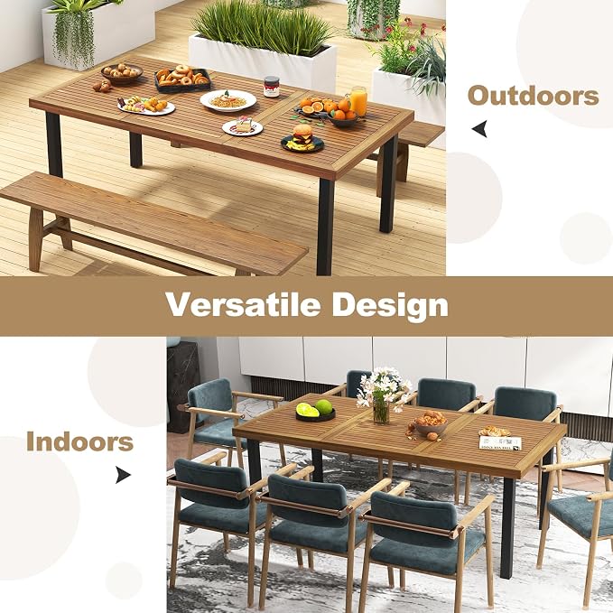 Tangkula 79" Acacia Wood Patio Dining Table for 8, Large 8-Person Outdoor Dining Table with 1.9" Umbrella Hole, Metal Legs & Adjustable Foot Pads, Rectangular Outside Table for Garden, Poolside & Yard