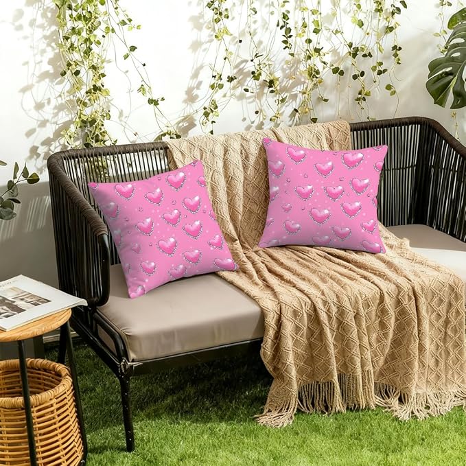 18x18 Inch Outdoor Pillow Covers Set of 2 Waterproof Throw Pillow Covers Decorative Couch Cushion Covers Pink Hearts with_ Diamonds Square Pillowcases Protectors for Patio Garden Sofa