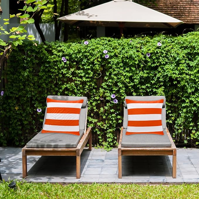 tiggell 4 Pack Waterproof Pillow Covers Outdoor Throw Pillowcases Decorative Garden Cushion Case for Home Garden Patio Couch Balcony Striped (Orange & White, 18 * 18 inch)