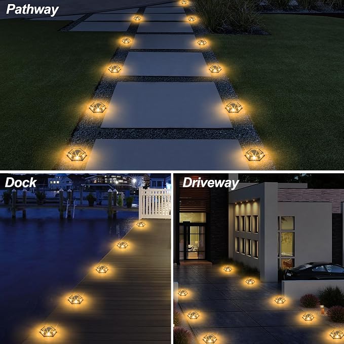 Solar Dock Lights Outdoor, 8 Packs Warm White Solar Deck Lights with 6 LEDs, IP65 Waterproof Solar Driveway Lights, Auto On/Off Deck Lights for Driveway, Pathway, Patio, Garden, Steps