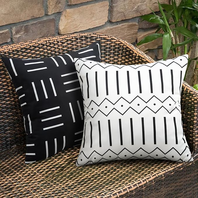 Pyonic Black and White Outdoor Pillow Covers 18x18 Inch for Patio Furniture | Set of 4 ,Waterproof,Boho Geometric Striped, Outside Patio Pillows, For Porch Garden