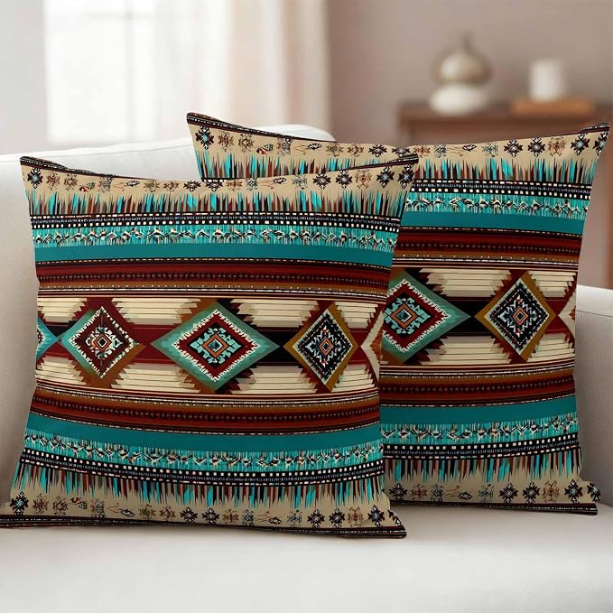 Boho Ethic Outdoor Pillow Covers 24"x24" Set of 2, Western Aztec Tribal Teal Brown Diamond Stripes Waterproof Throw Pillow Covers for Patio Furniture, Decorative Cushion Covers for Porch