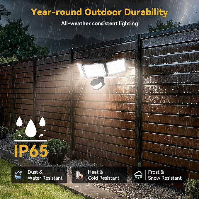 Solar Lights Outdoor, 3500LM 168 LED Motion Sensor Solar Flood Lights, 3 Heads 300° Wide Angle, 3 Modes IP65 Waterproof Solar Security Lights for Yard Garden Patio, 6 Pack (Black)