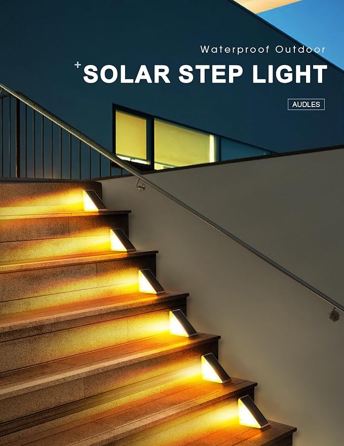 AUDLES LED Solar Step Lights Waterproof Outdoor Stair Lights, Warm White Solar Deck Lights IP67 Solar Decoration Lights for Yard, Patio, Garden, Walkways, Front Door, Pathway, Driveway, Porch 12 Pack