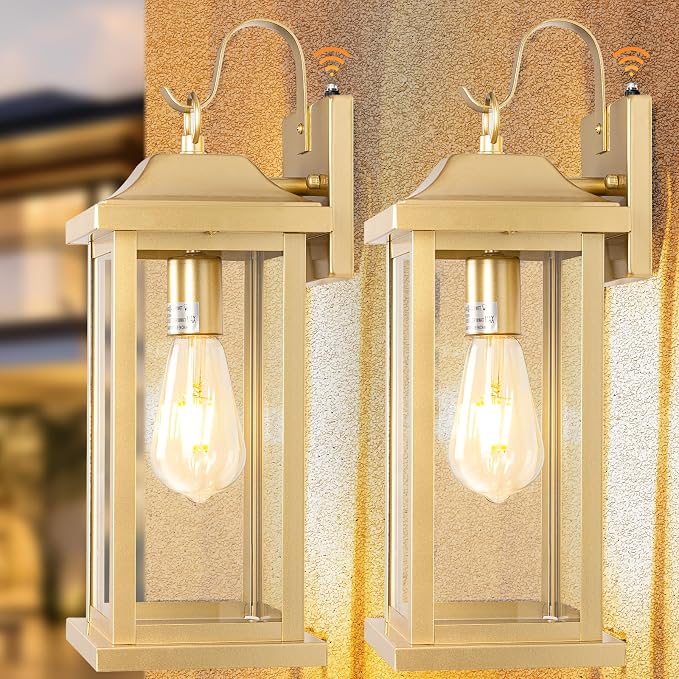 17 Inch Gold Outdoor Sconces Dusk to Dawn 2-Pack | ETL Listed Porch Lights, Photocell Sensor Brass Outdoor Light Fixtures Anti-Rust, Outside Wall Lanterns Wall Mounted Lamps