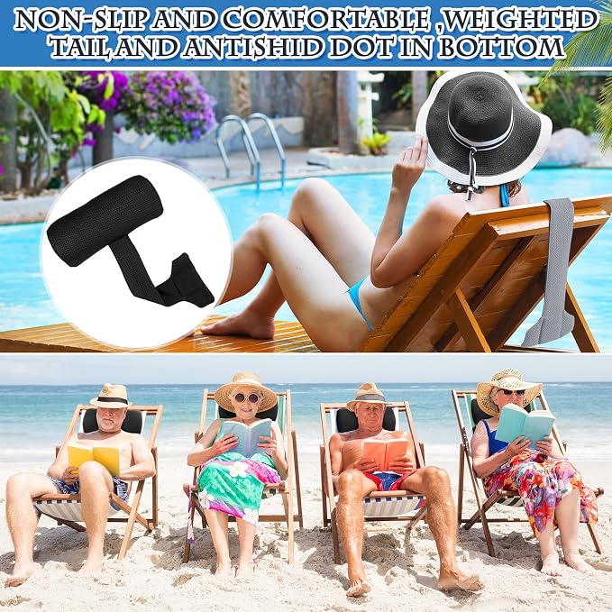 Kigley 2 Pcs Chaise Lounge Headrest Pillow for Patio Outdoor Pool Headrest Pillow Quick Drying Lounger Supplies for Adult with Non Slip Weighted Tail(Black)