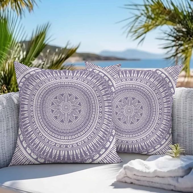 Vandarllin Outdoor Throw Pillows Covers 18x18 inch Set of 2 Waterproof Purple Boho Decorative Zippered Cushion Covers for Patio Furniture, Bohemian Floral Geometric Lumbar Pillowcases