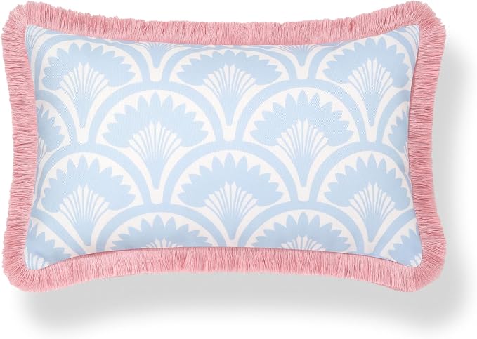 Hofdeco Premium Coastal Grandmillennial Patio Indoor Outdoor Lumbar Pillow Cover Only, 12"x20" Water Repellent for Backyard, Couch, Poolside, Baby Blue Pink Print Tropical Ravenala Palm Tree