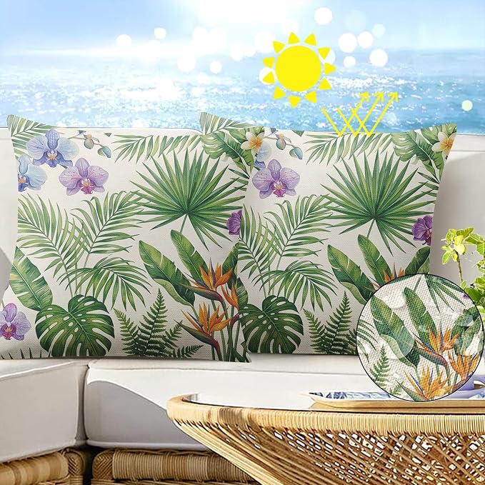 Throw Pillow Covers, Tropical Floral, 18 x 18 Inch, Set of 2 | Botanical Hawaiian Outdoor Waterproof Pillowcase Square Cushion Case Farmhouse Garden Decorative for Couch Beach Patio
