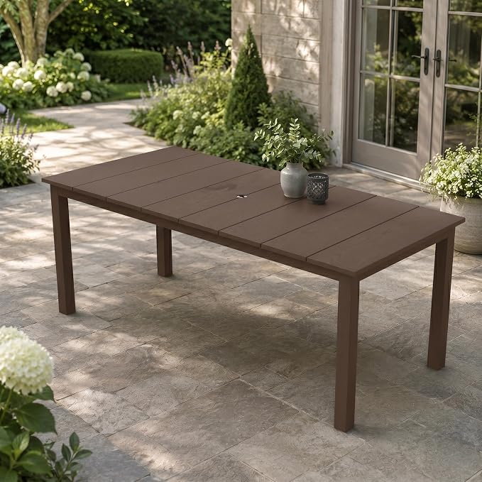 75.2" HDPE Outdoor Dining Table for 4-6 People, Rectangular Patio Dining Table with Umbrella Hole, All Weather Patio Dining Outdoor Table for Deck, Backyard and Garden, Brown