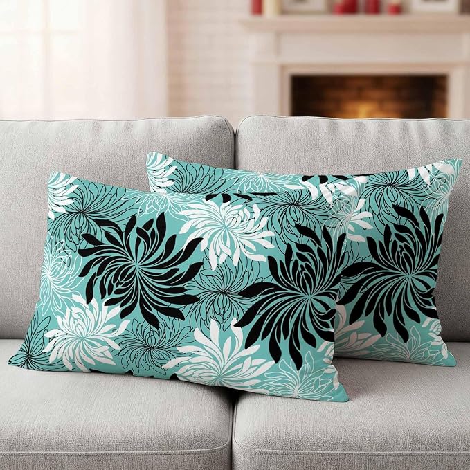 Yukro Teal Black Floral Outdoor Waterproof Pillow Covers Pack of 2, Vintage Teal White Black Flower Decorative Throw Pillowcases Cushion Covers for Garden Patio Tent Sofa Couch, 20x12 inch