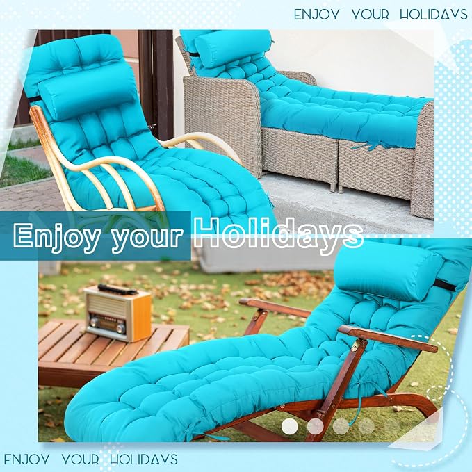 Tudomro Outdoor Chaise Lounge Cushion 66x21x4'' Waterproof & Fade-Resistant Patio Pool Chaise Lounge Cushion Headrest Pillow Tie Replacement Rocking High Back Chair(Turquoise,1 Pcs)