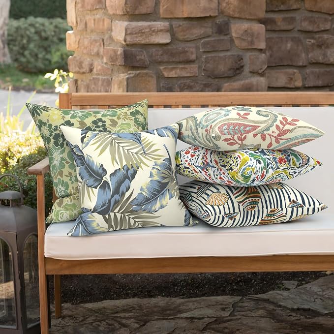 Outdoor 16x16 Inch Throw Pillow Covers Set of 2, Covers ONLY, All Weather Square Pillow Cases, Patio Cushion Pillow of Home Furniture Use, Lush Palm Blue
