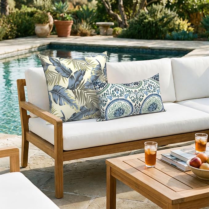 20x20 Inch Pack of 2 Patio Throw Pillow Covers ONLY, Water Repellent Cushion Cases, Square Pillowcases for Outdoor Couch Decoration, Lush Palm Blue