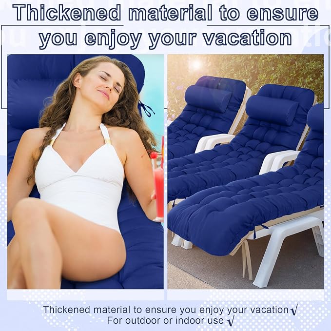 Tudomro Outdoor Chaise Lounge Cushion 66x21x4'' Waterproof & Fade-Resistant Patio Pool Chaise Lounge Cushion Headrest Pillow Tie Replacement Rocking High Back Chair(Navy Blue,1 Pcs)